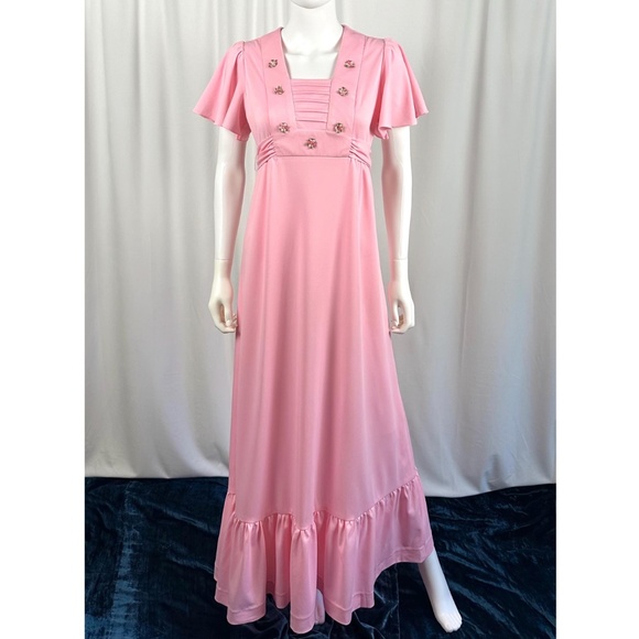 Vintage 1960’s 1970’s Flutter Short Sleeved Maxi Dress in Bubblegum Pink • XS/S - Picture 1 of 10